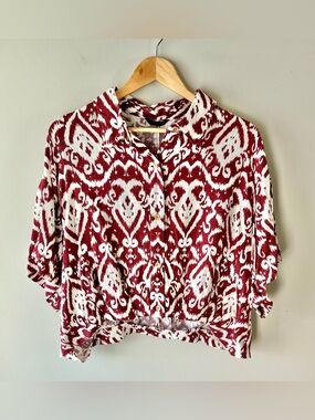NWT ZARA Burgundy & Cream Ikat Print Button-Up Blouse Size XL Slightly Cropped